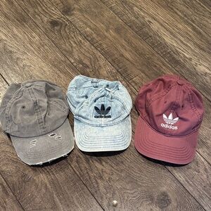 Adidas Distressed Caps in Gray, Light Blue, and Burgundy